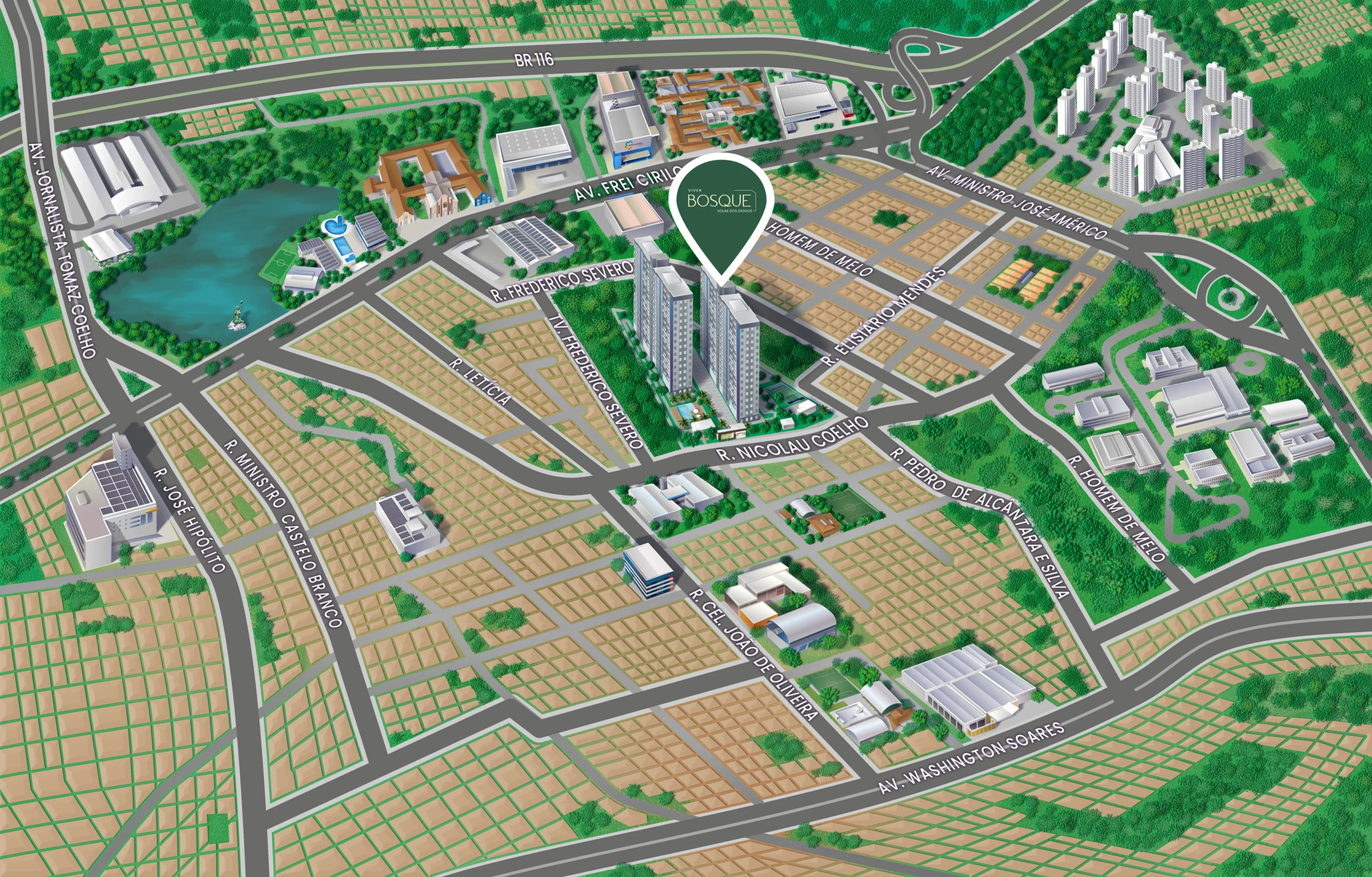 Mapa ilustrado do Cambeba com a localização do Victa Viver Bosque em Rua Nicolau Coelho, 200 - Cambeba, Fortaleza - CE